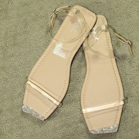NEW Qupid Women's 9 Clear Ankle Wrap Straps Square Rhinestone Toe Flat Sandals - Picture 1 of 6